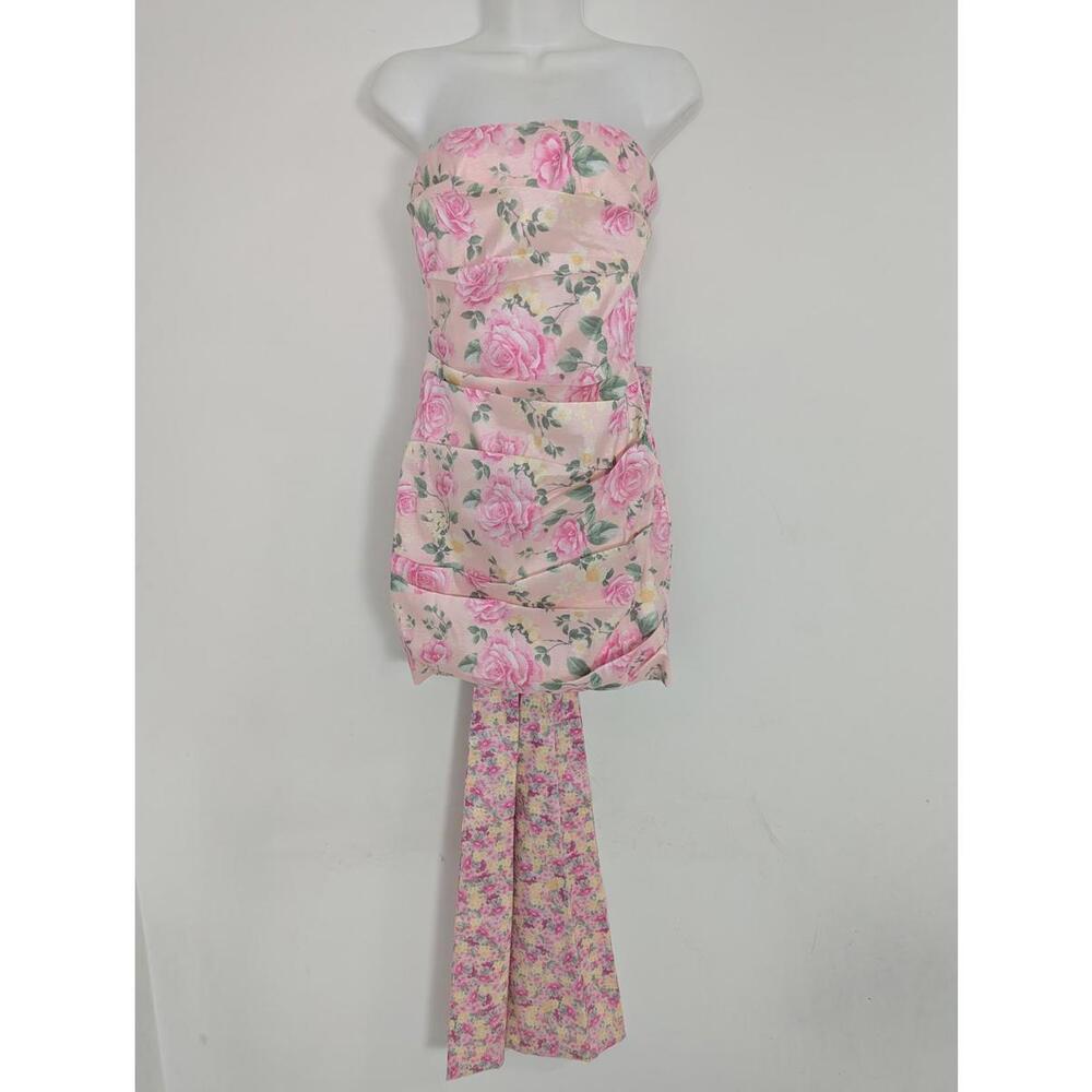 Strapless Taffeta Floral Print Bow Back Mini Dress Size Large Feminine Coquette